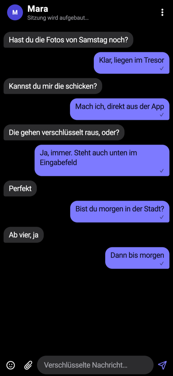 Ein Chat in Finn mit Sprechblasen und dem Hinweis Verschlüsselte Nachricht im Eingabefeld.