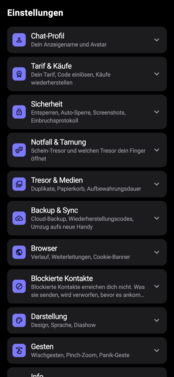 Die Einstellungen von Finn mit den Bereichen Sicherheit, Notfall und Tarnung, Tresor und Medien, Backup und Sync.